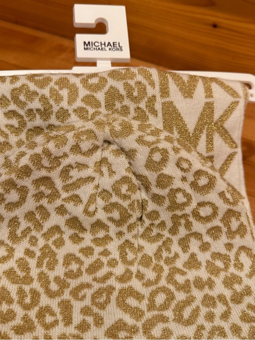 Michael Kors Cream and Gold Leopard MK‎ Logo Scarf & Beanie NWT